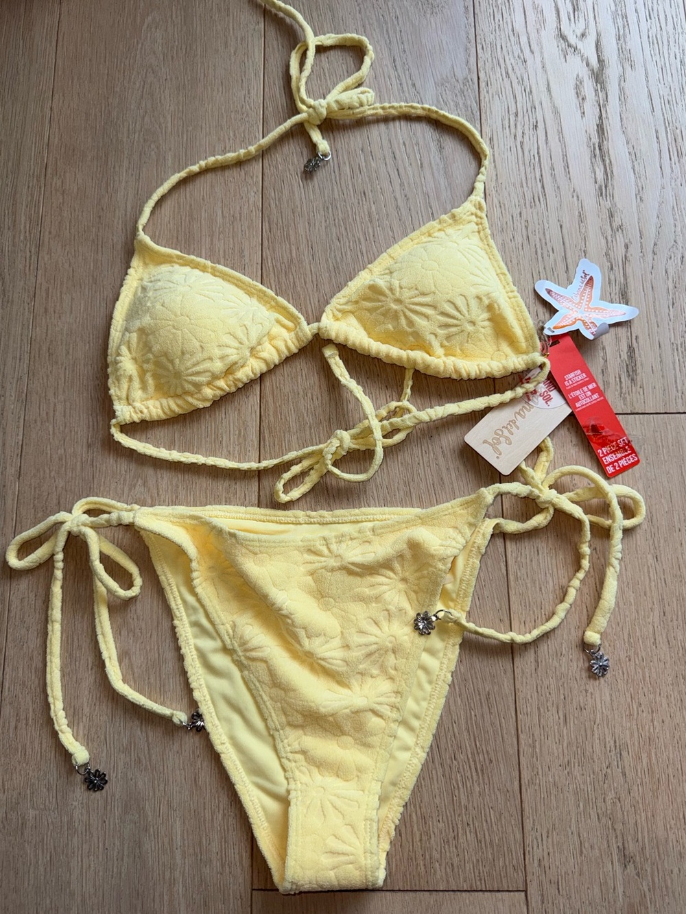 Cabana del Sol Yellow Floral Textured Triangle Bikini Set String Tie NWT